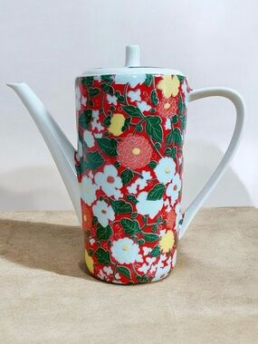 Vintage Made in Spain Floral Ceramic Coffee Pot Teapot Red White Cottagecore